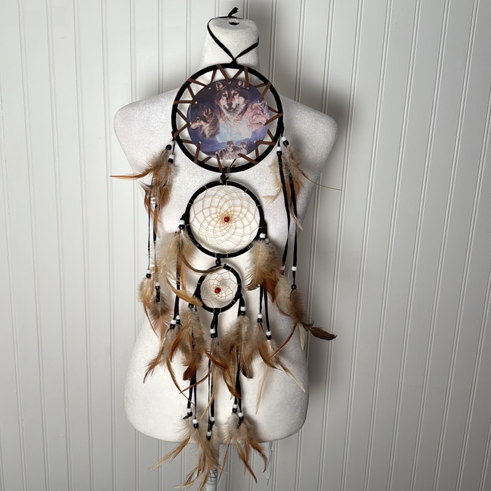 Dreamcatcher with wolf(s) picture and Feathers and Beads
